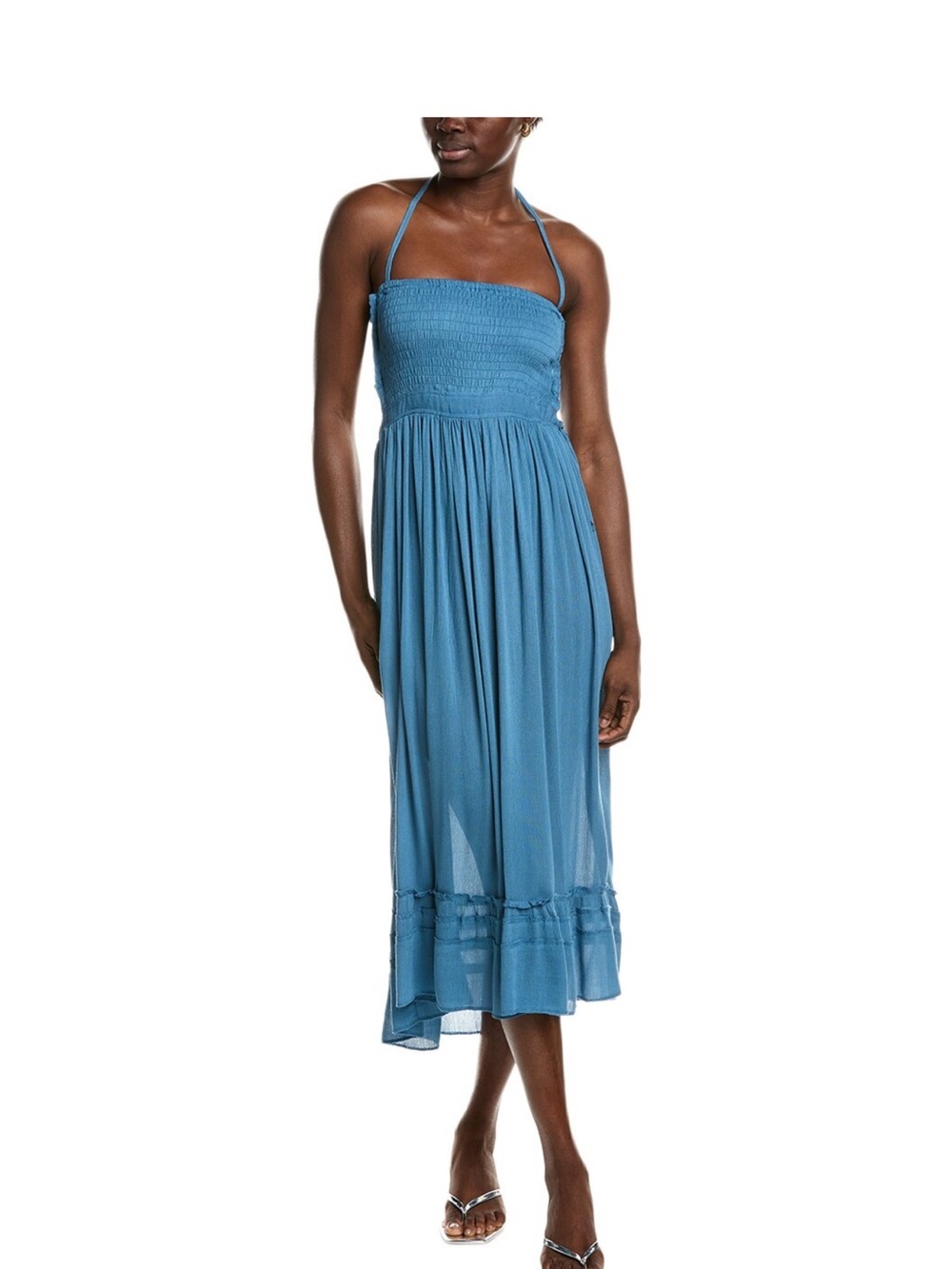 Smocked Halter Midi Dress in Blue